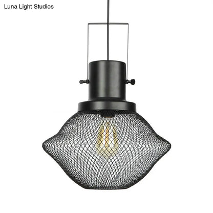 Industrial Mesh Cage Pendant Light - Black Metal Single Lamp for Living Room Hanging, with Shade