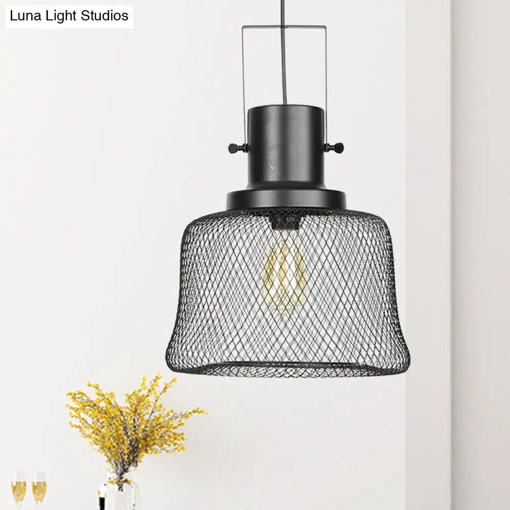 Industrial Mesh Cage Pendant Light - Black Metal Single Lamp for Living Room Hanging, with Shade