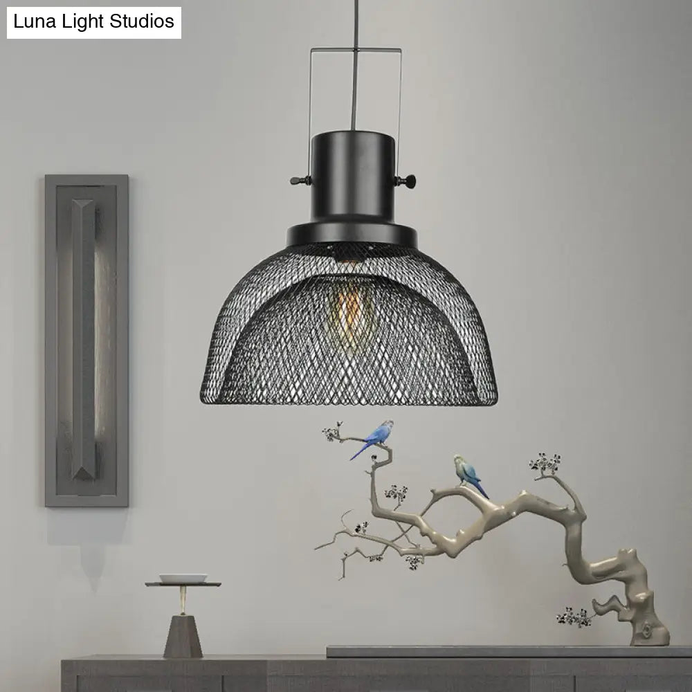 Industrial Mesh Cage Pendant Light - Black Metal Single Lamp for Living Room Hanging, with Shade