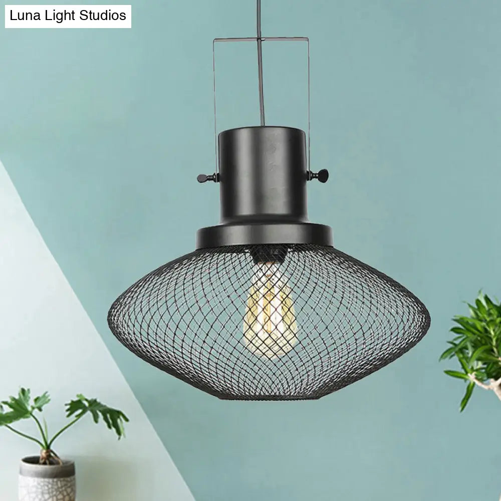 Industrial Mesh Cage Pendant Light - Black Metal Single Lamp for Living Room Hanging, with Shade