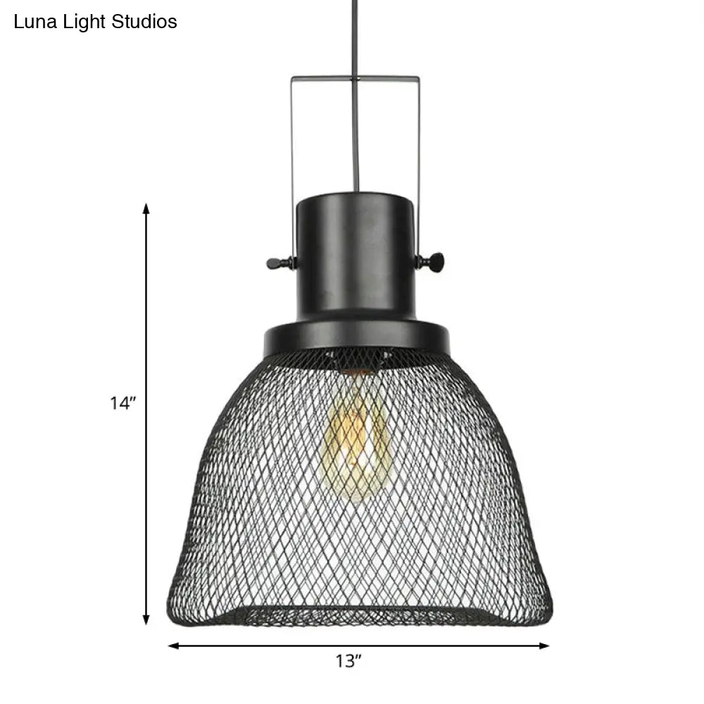 Industrial Mesh Cage Pendant Light - Black Metal Single Lamp for Living Room Hanging, with Shade