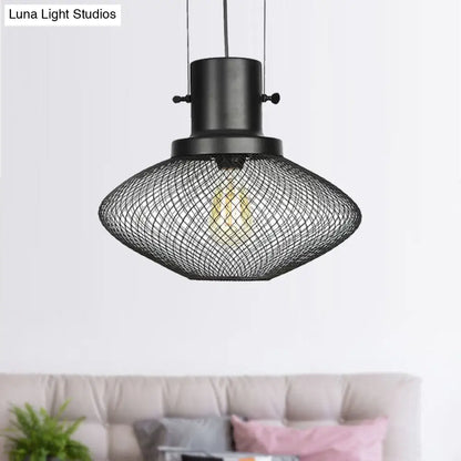 Industrial Mesh Cage Pendant Light - Black Metal Single Lamp for Living Room Hanging, with Shade