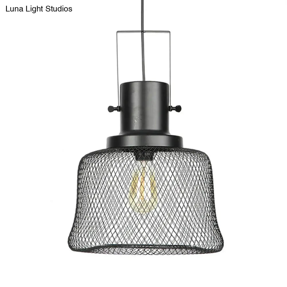 Industrial Mesh Cage Pendant Light - Black Metal Single Lamp for Living Room Hanging, with Shade