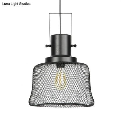 Industrial Mesh Cage Pendant Light - Black Metal Single Lamp for Living Room Hanging, with Shade