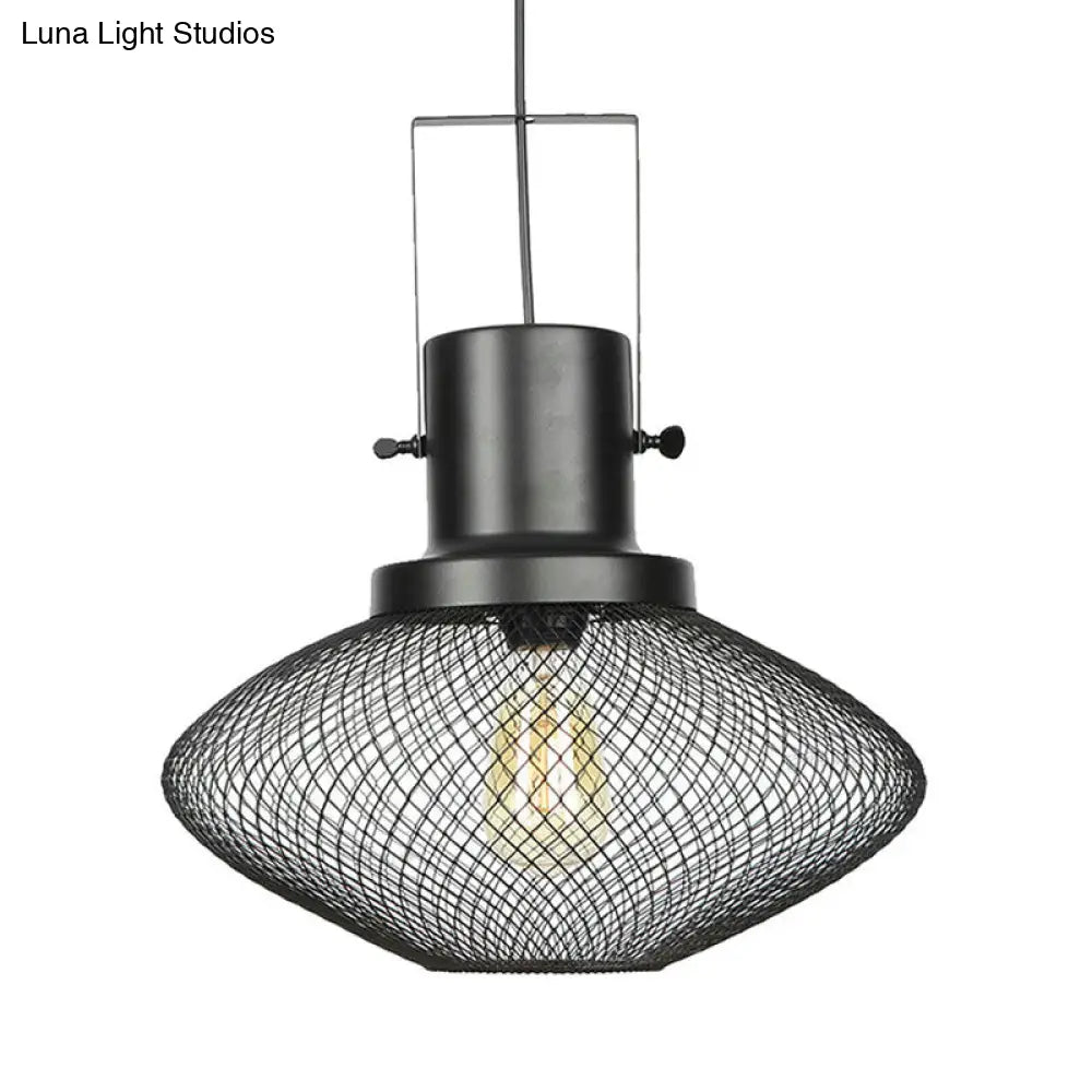 Industrial Mesh Cage Pendant Light - Black Metal Single Lamp for Living Room Hanging, with Shade