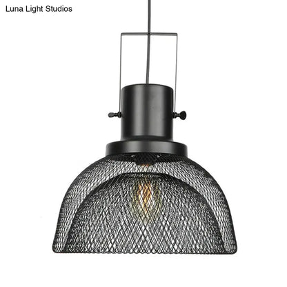 Industrial Mesh Cage Pendant Light - Black Metal Single Lamp for Living Room Hanging, with Shade