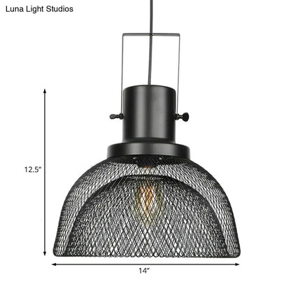 Industrial Mesh Cage Pendant Light - Black Metal Single Lamp for Living Room Hanging, with Shade