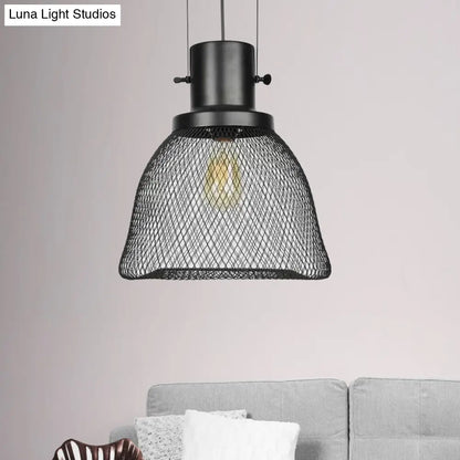 Industrial Mesh Cage Pendant Light - Black Metal Single Lamp for Living Room Hanging, with Shade