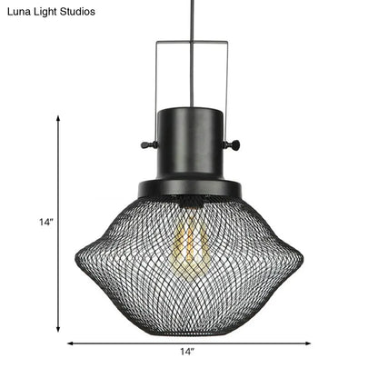 Industrial Mesh Cage Pendant Light - Black Metal Single Lamp for Living Room Hanging, with Shade