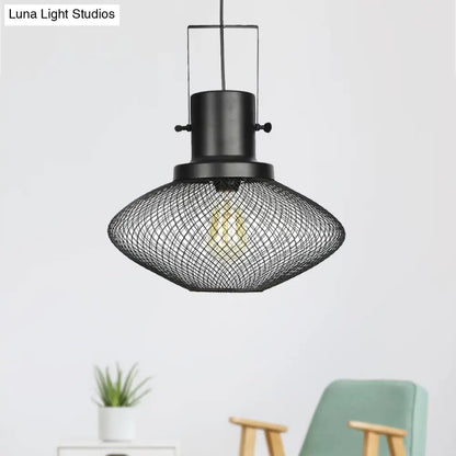 Industrial Mesh Cage Pendant Light - Black Metal Single Lamp for Living Room Hanging, with Shade