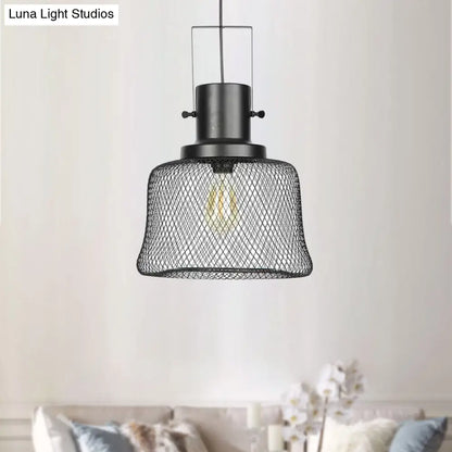 Industrial Mesh Cage Pendant Light - Black Metal Single Lamp for Living Room Hanging, with Shade