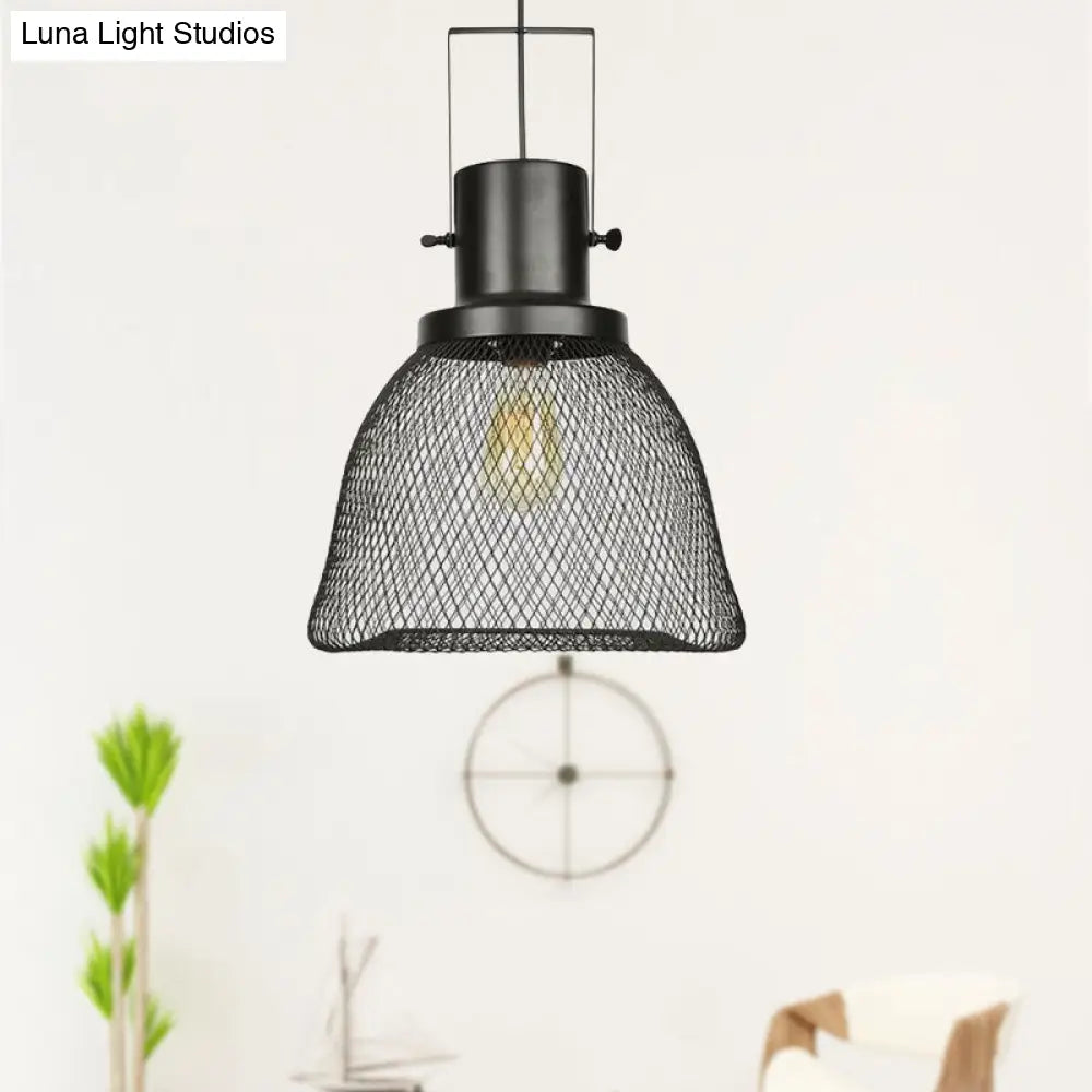 Industrial Mesh Cage Pendant Light - Black Metal Single Lamp for Living Room Hanging, with Shade