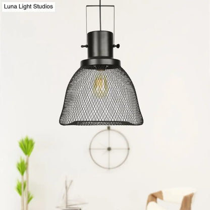 Industrial Mesh Cage Pendant Light - Black Metal Single Lamp for Living Room Hanging, with Shade