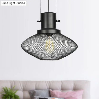 Industrial Mesh Cage Pendant Light - Black Metal Single Lamp for Living Room Hanging, with Shade