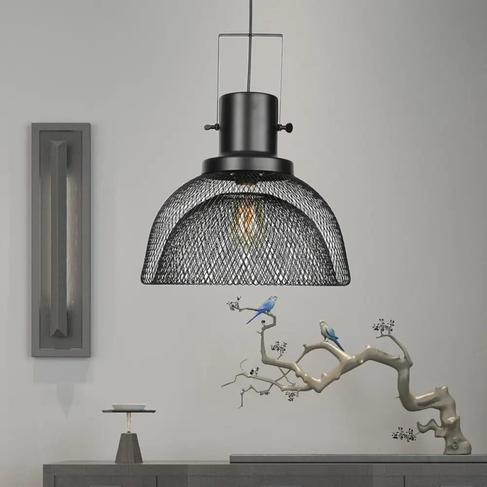 Industrial Mesh Cage Pendant Light - Black Metal Single Lamp for Living Room Hanging, with Shade