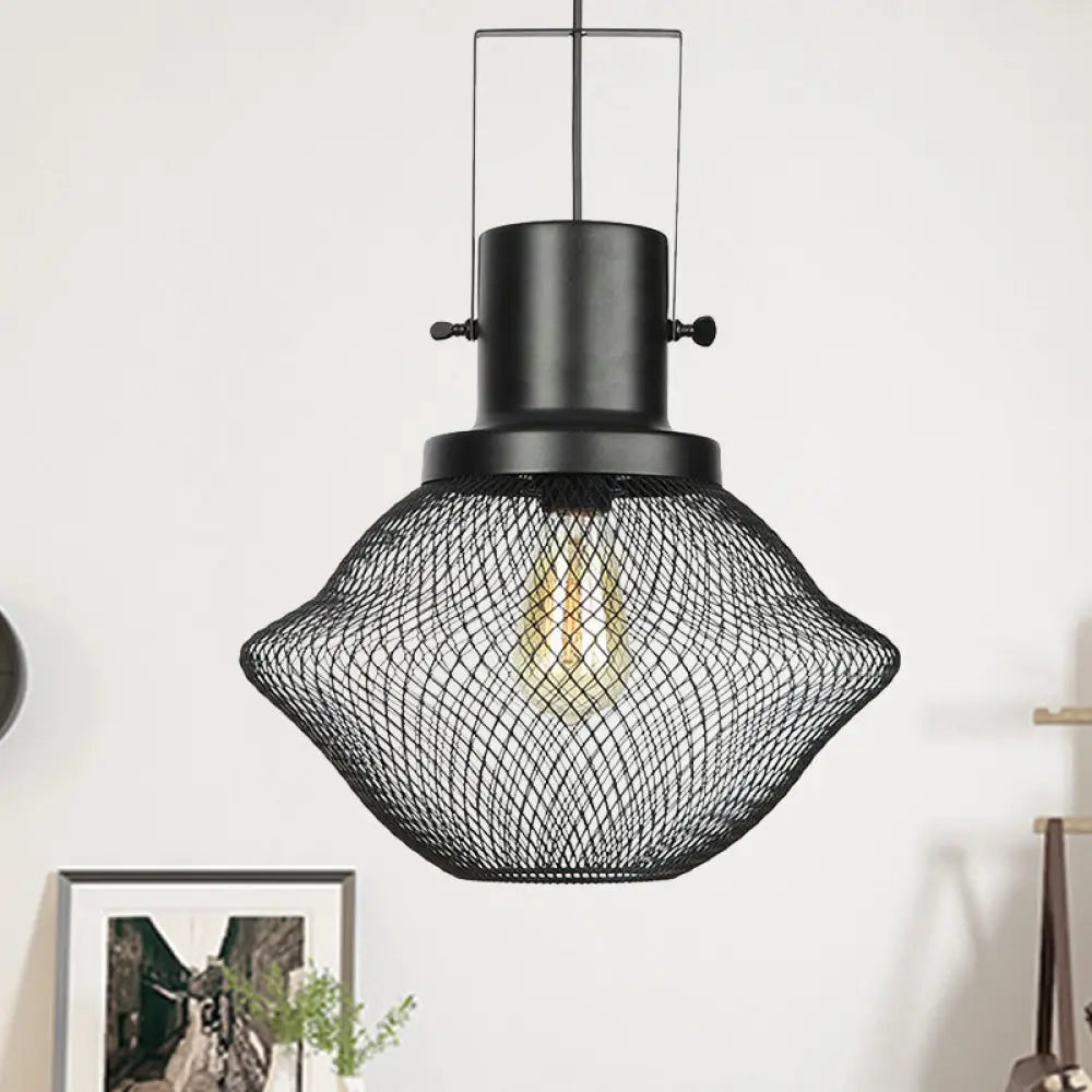 Industrial Mesh Cage Pendant Light - Black Metal Single Lamp for Living Room Hanging, with Shade