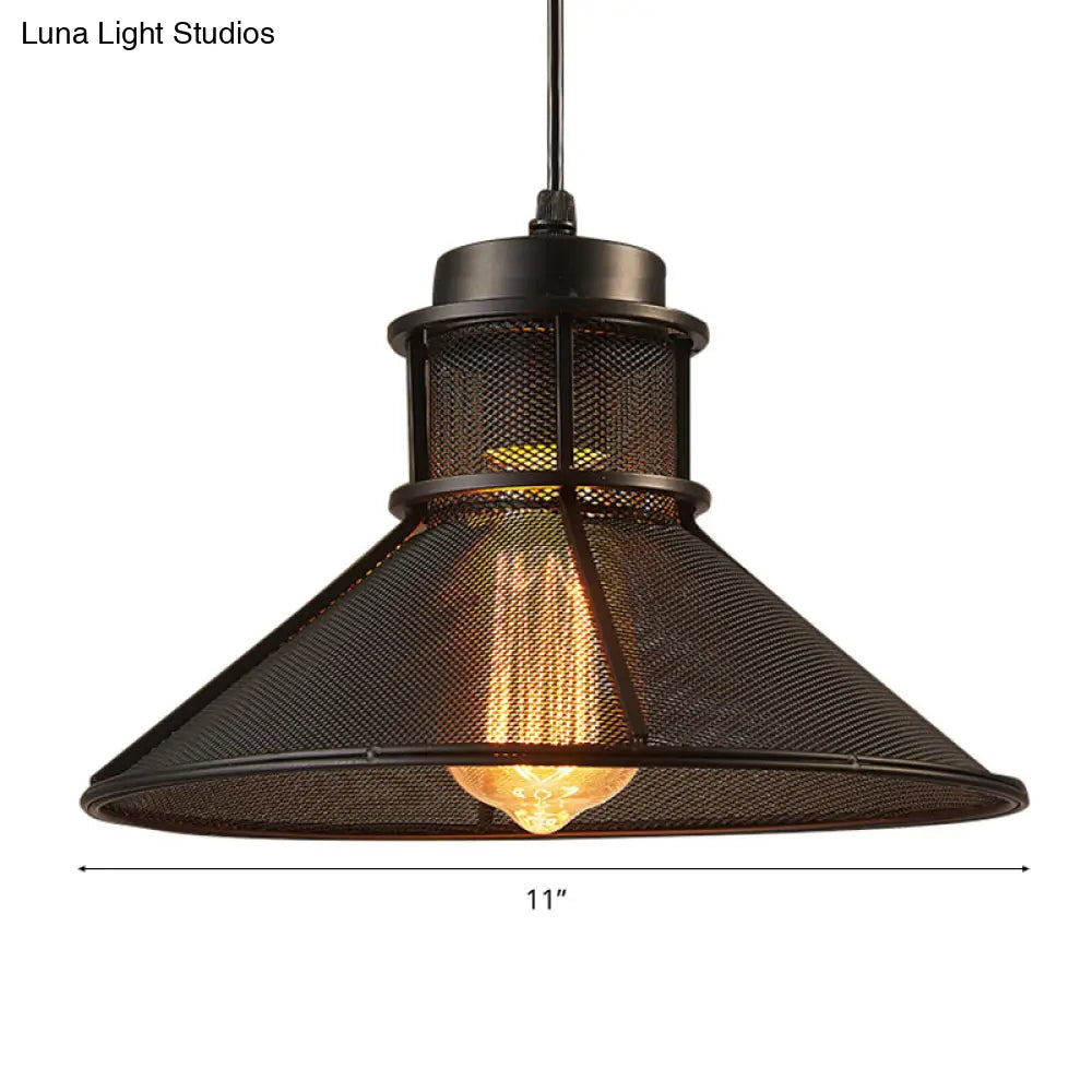 Industrial Mesh Cage Pendant Light with Cone Shade - Rust/Black Finish - Ideal for Restaurants - Single Bulb Ceiling Lamp