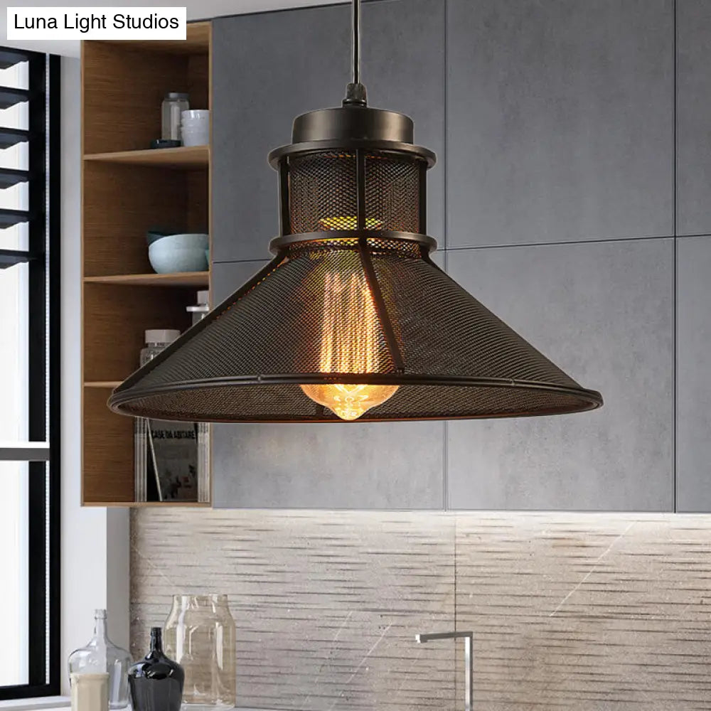 Industrial Mesh Cage Pendant Light with Cone Shade - Rust/Black Finish - Ideal for Restaurants - Single Bulb Ceiling Lamp