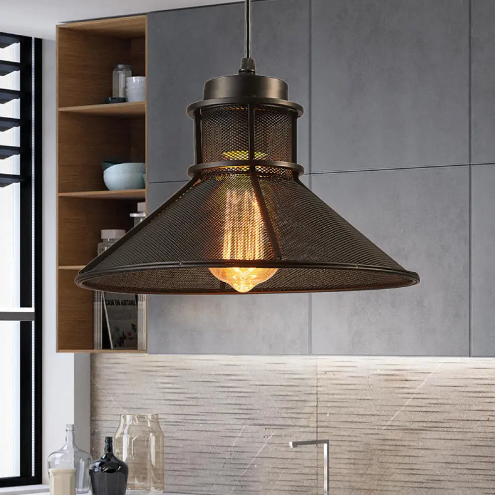 Industrial Mesh Cage Pendant Light with Cone Shade - Rust/Black Finish - Ideal for Restaurants - Single Bulb Ceiling Lamp