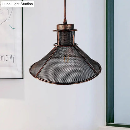 Industrial Mesh Cage Pendant Light with Cone Shade - Rust/Black Finish - Ideal for Restaurants - Single Bulb Ceiling Lamp