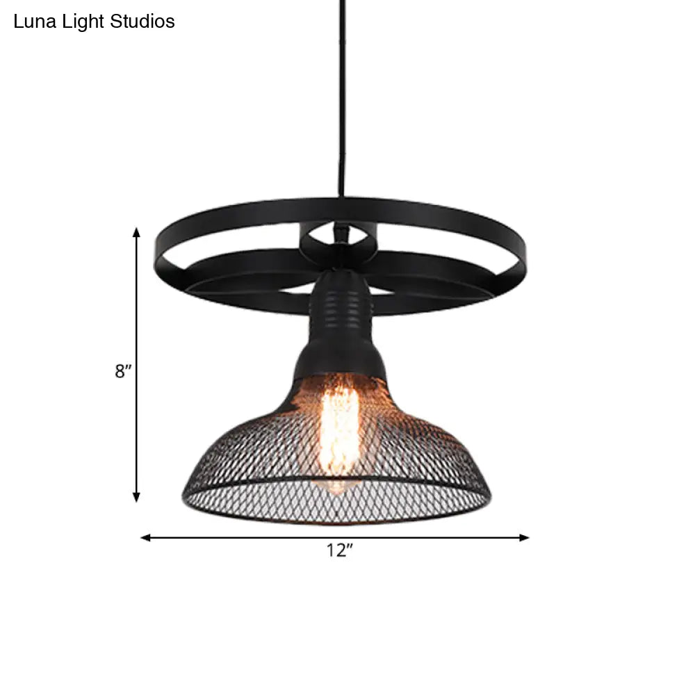 Industrial Mesh Pendant Lamp with Domed Metal Shade and Ring in Black – Stylish Hanging Light Fixture for Living Room (1 Bulb)