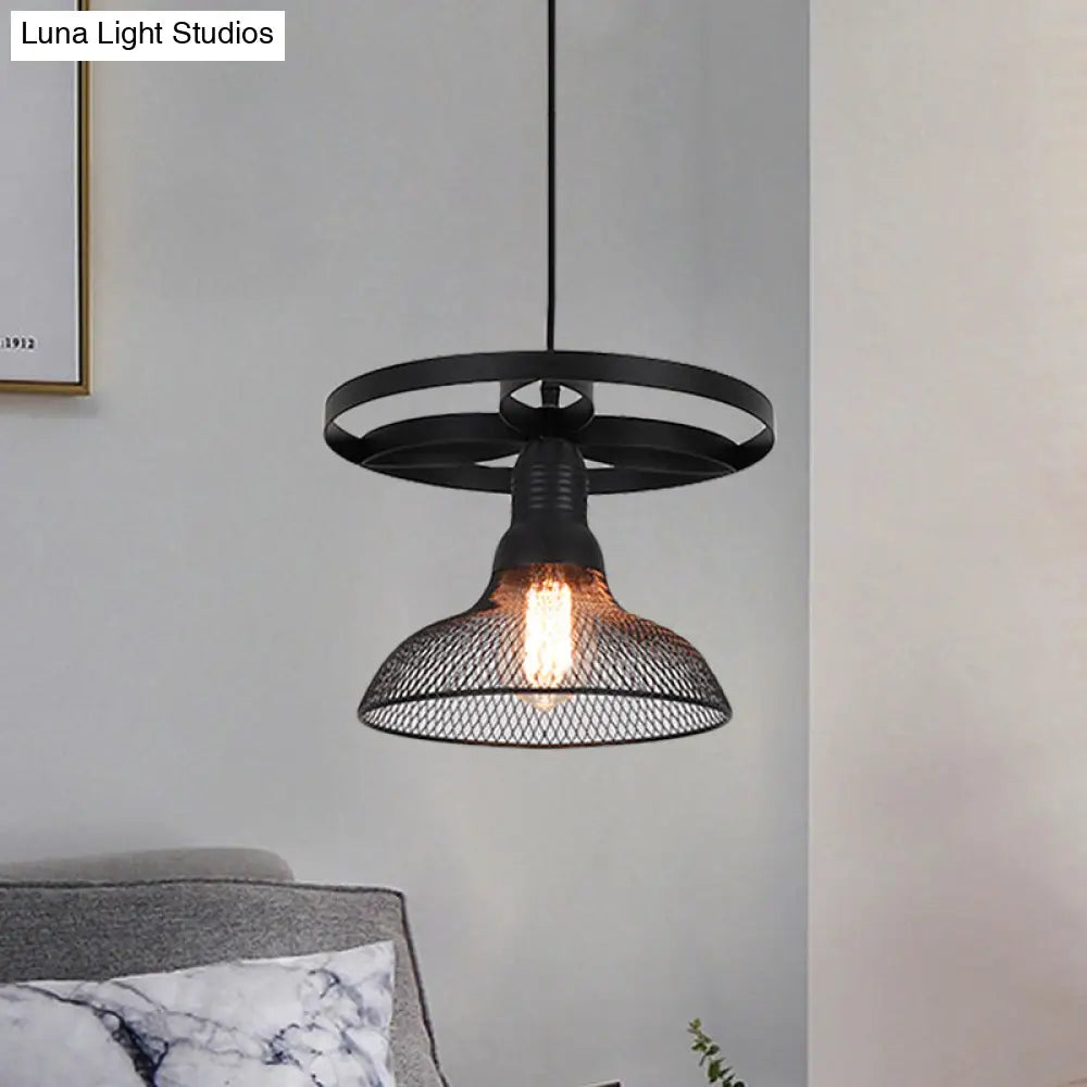 Industrial Mesh Pendant Lamp with Domed Metal Shade and Ring in Black – Stylish Hanging Light Fixture for Living Room (1 Bulb)