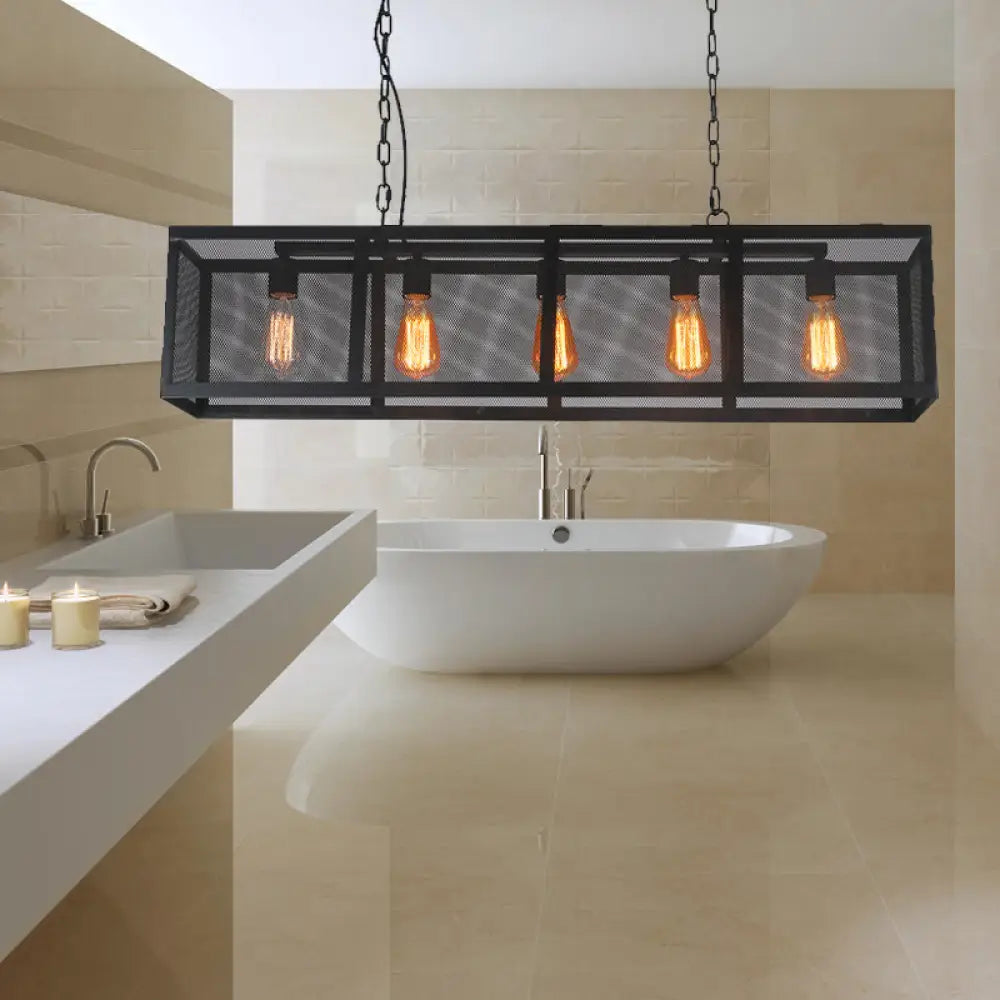 DecorBites™ Industrial Mesh Shade Pendant Light with 5 Black Iron Heads for Dining Room Island