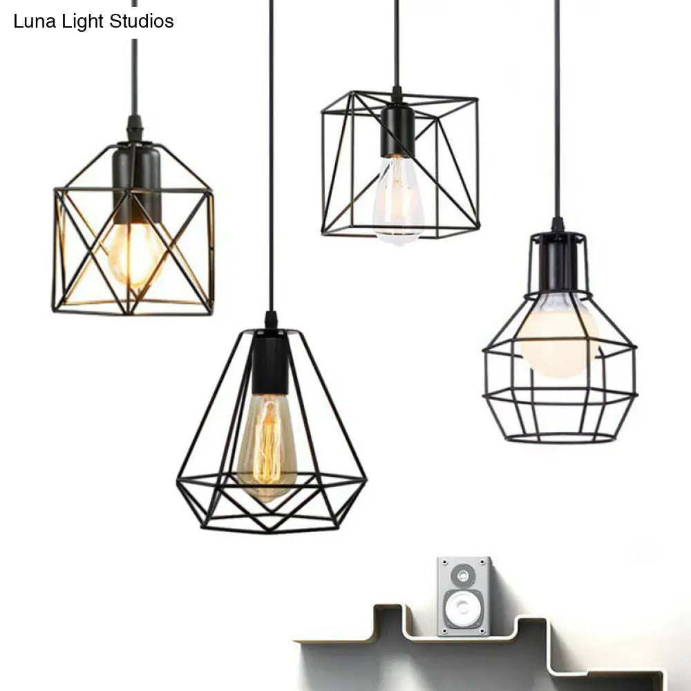 Industrial Metal 1-Light Black Cage Pendant Light - Stylish Bedside Fixture