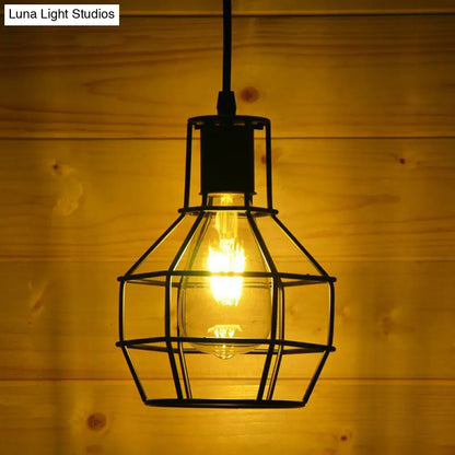 Industrial Metal 1-Light Black Cage Pendant Light - Stylish Bedside Fixture