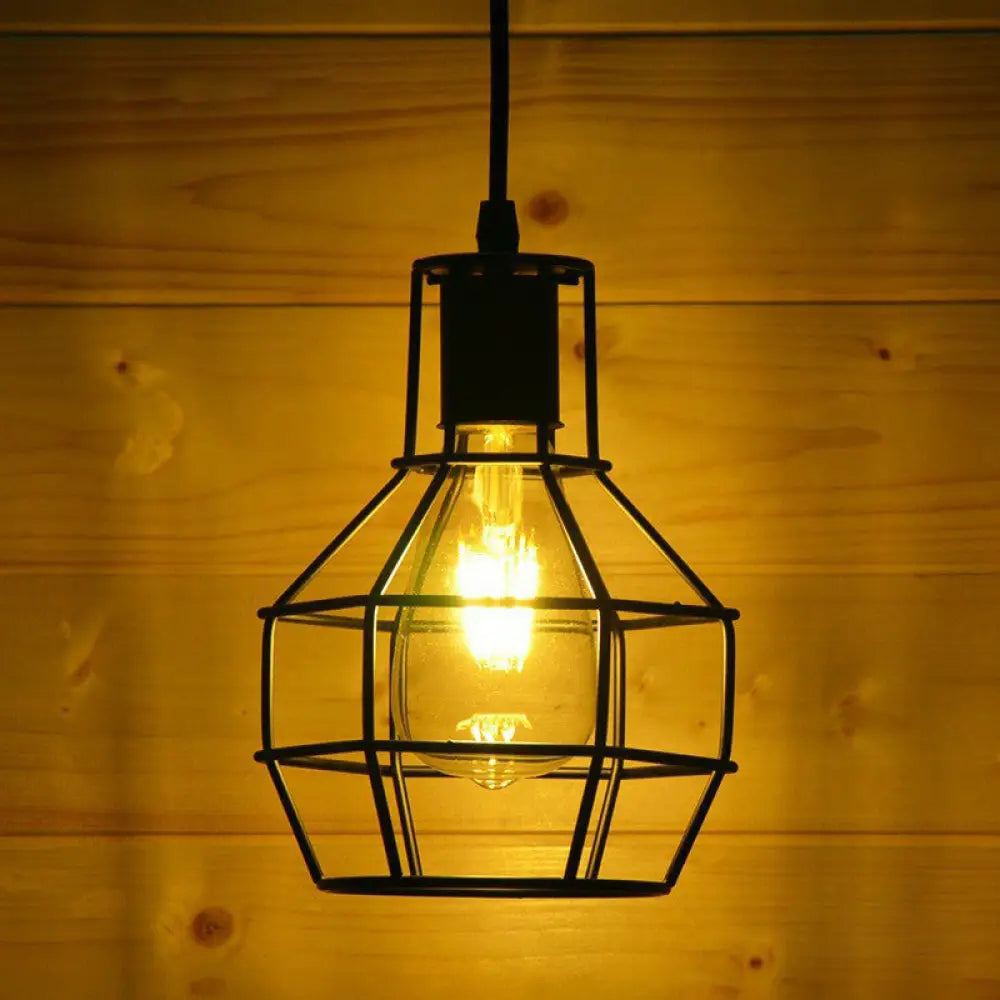 Industrial Metal 1-Light Black Cage Pendant Light - Stylish Bedside Fixture