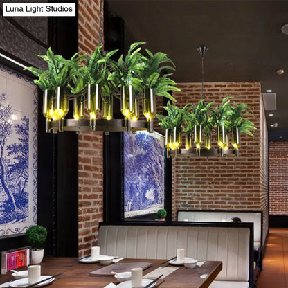 Industrial Metal 10-Head Green Chandelier with Plant Deco - Round Restaurant Ceiling Lamp