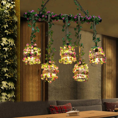 وحدة إضاءة جزيرة قفصية سوداء معدنية صناعية من DecorBites™ مزودة بخمسة رؤوس للمطاعم والنباتات