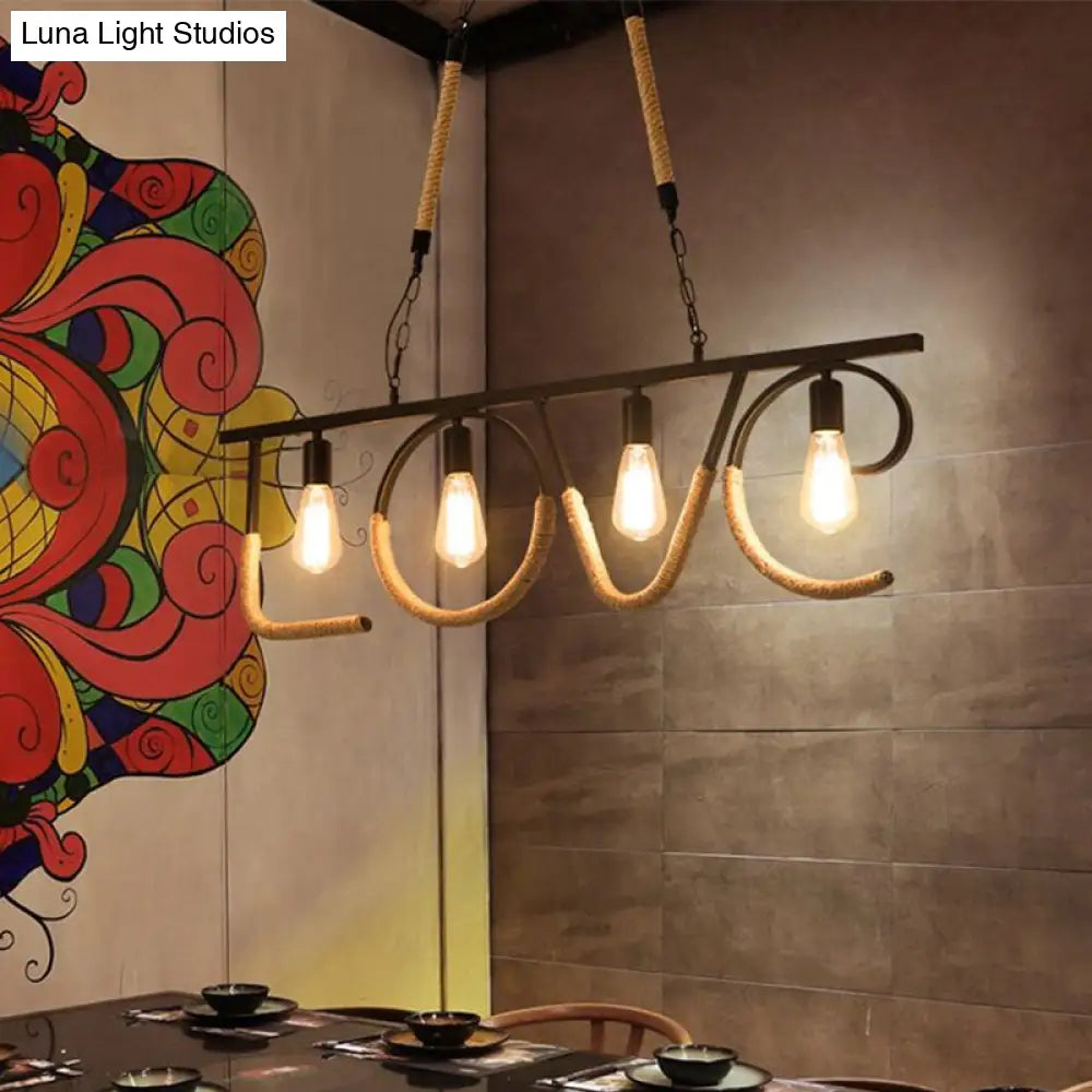 DecorBites™ Industrial Metal and Rope Island Lamp with LOVE Design, 4 Bulbs, Beige Finish