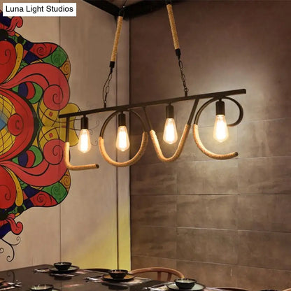 DecorBites™ Industrial Metal and Rope Island Lamp with LOVE Design, 4 Bulbs, Beige Finish
