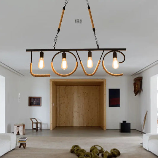 DecorBites™ Industrial Metal and Rope Island Lamp with LOVE Design, 4 Bulbs, Beige Finish
