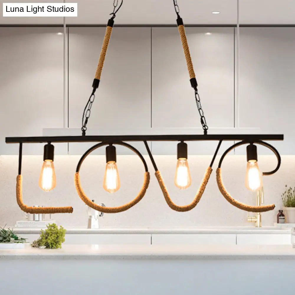 DecorBites™ Industrial Metal and Rope Island Lamp with LOVE Design, 4 Bulbs, Beige Finish