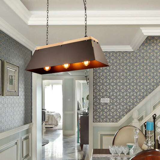 DecorBites™ Industrial Metal and Wood Pendant Lamp - 3 Lights Island Lighting with Trapezoid Shade in Black for Dining Room