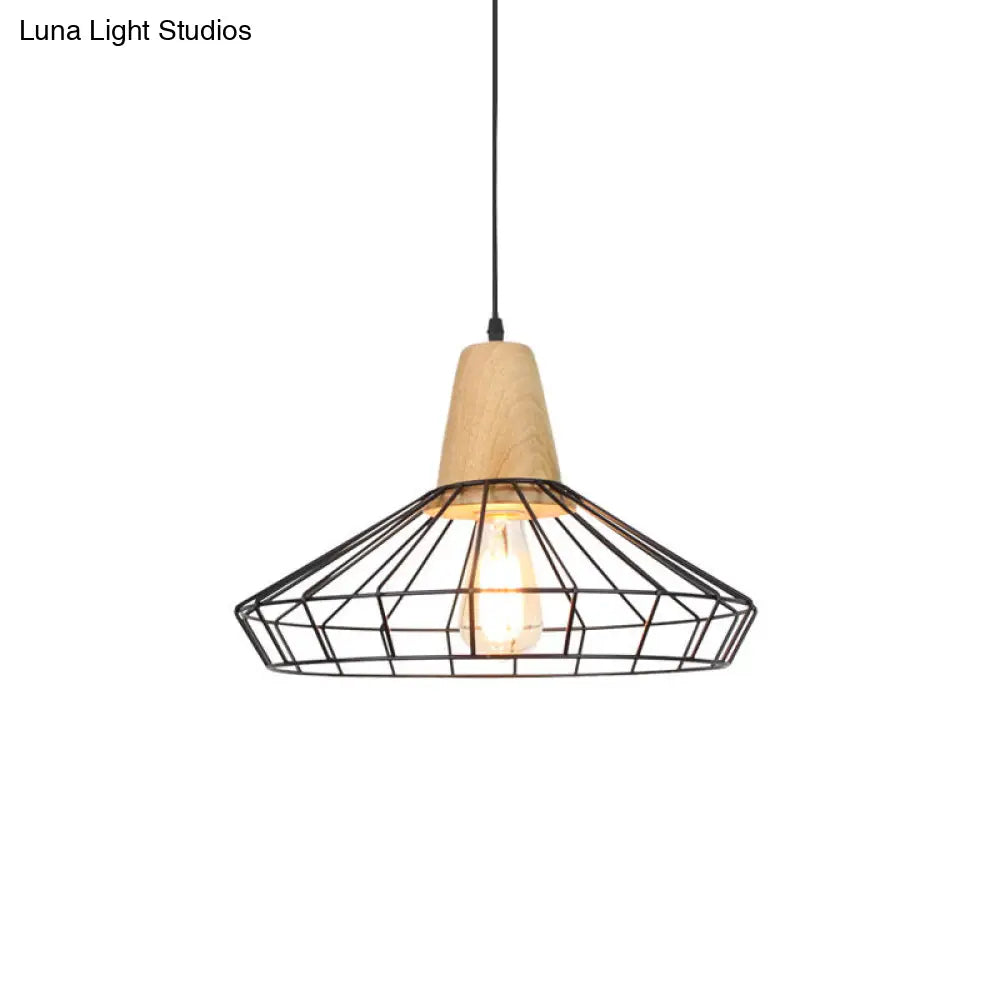 Industrial Metal and Wood Pendant Light with Cage Shade in Black - Saucer/Polygon/Diamond Shape