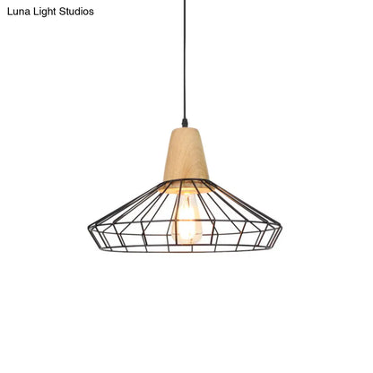 Industrial Metal and Wood Pendant Light with Cage Shade in Black - Saucer/Polygon/Diamond Shape