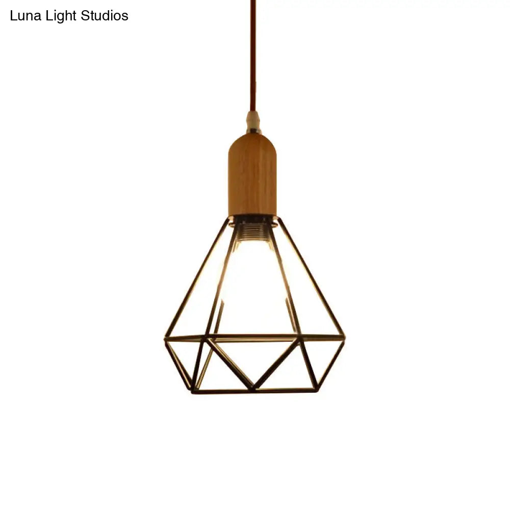 Industrial Metal and Wood Pendant Light with Cage Shade in Black - Saucer/Polygon/Diamond Shape