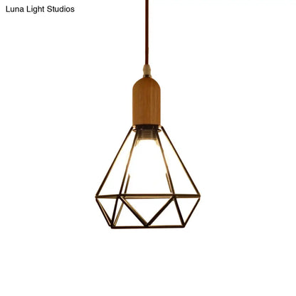 Industrial Metal and Wood Pendant Light with Cage Shade in Black - Saucer/Polygon/Diamond Shape