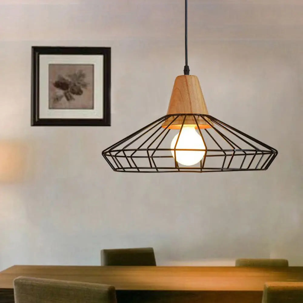 Industrial Metal and Wood Pendant Light with Cage Shade in Black - Saucer/Polygon/Diamond Shape