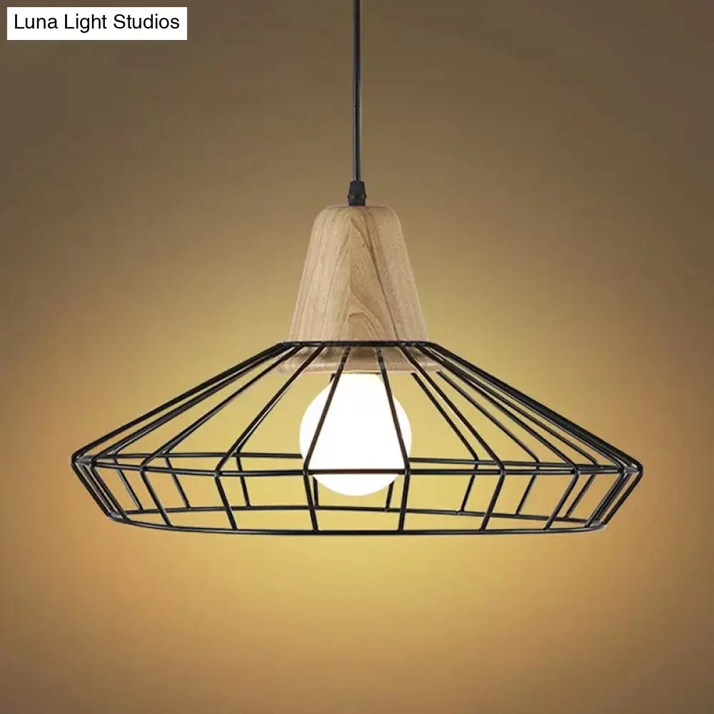 Industrial Metal and Wood Pendant Light with Cage Shade in Black - Saucer/Polygon/Diamond Shape