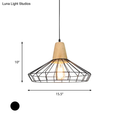 Industrial Metal and Wood Pendant Light with Cage Shade in Black - Saucer/Polygon/Diamond Shape