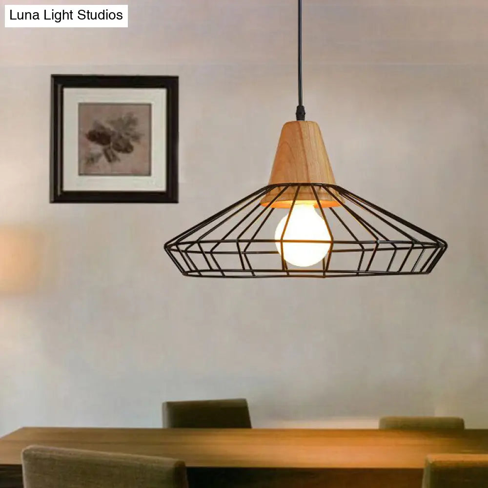 Industrial Metal and Wood Pendant Light with Cage Shade in Black - Saucer/Polygon/Diamond Shape