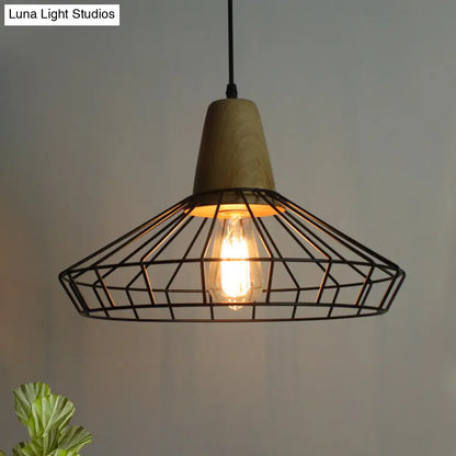 Industrial Metal and Wood Pendant Light with Cage Shade in Black - Saucer/Polygon/Diamond Shape