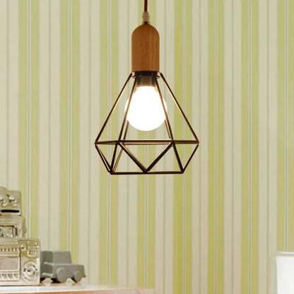 Industrial Metal and Wood Pendant Light with Cage Shade in Black - Saucer/Polygon/Diamond Shape