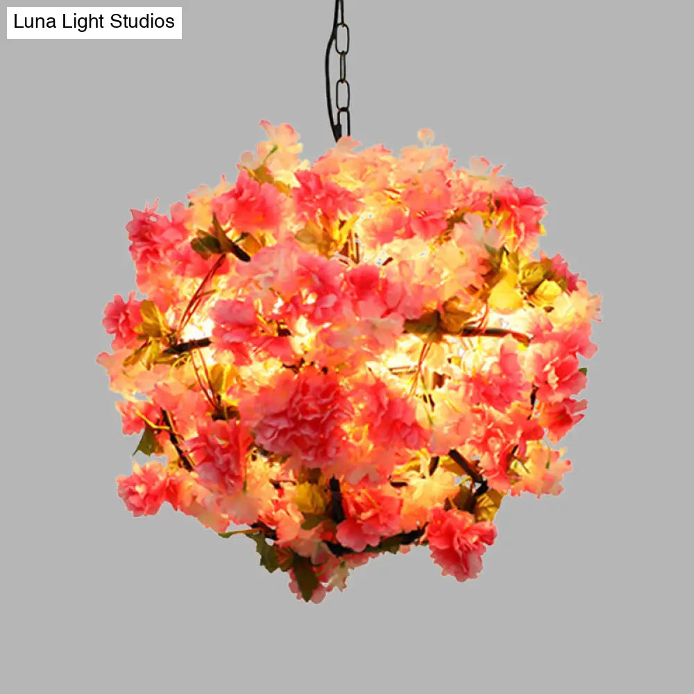 Industrial Metal Ball Chandelier Light with Pink LED Bulbs and Cherry Blossom Design
