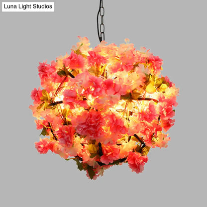 Industrial Metal Ball Chandelier Light with Pink LED Bulbs and Cherry Blossom Design
