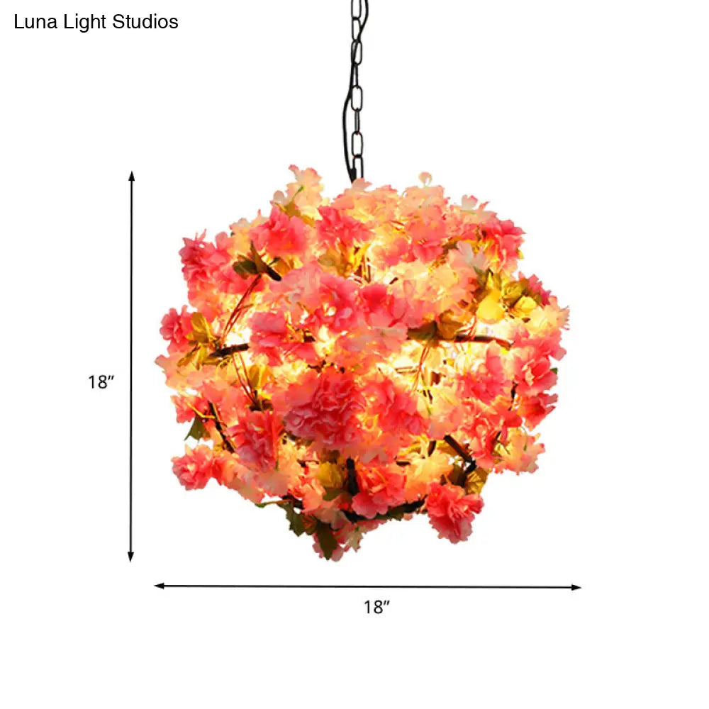 Industrial Metal Ball Chandelier Light with Pink LED Bulbs and Cherry Blossom Design